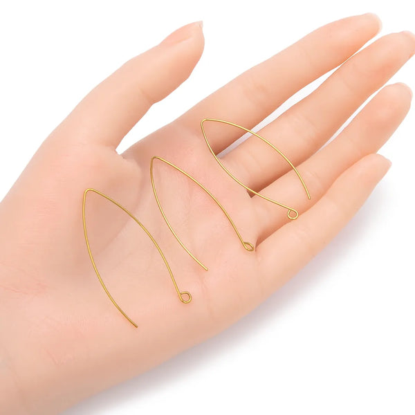 50pcs Raw Brass Marquise Earring Hooks, V Shape Ear Wire, 0.7mm/21 Gauge, 45mm Long, Unplated/Uncoated, CX247