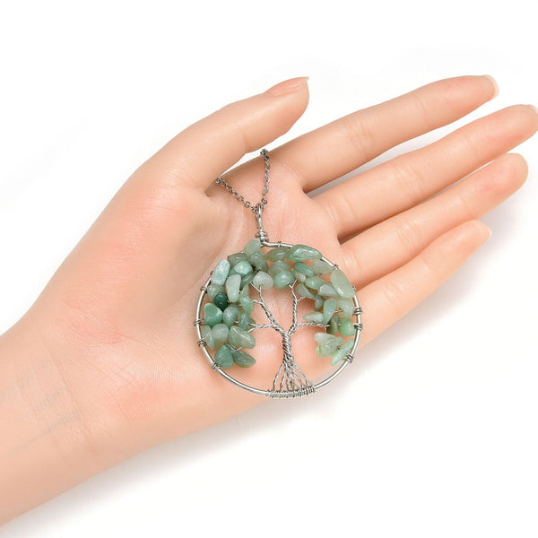 1pc Tree of Life Prosperity Necklace, Natural Green Aventurine Gemstone Pendant, 26 inch Surgical Stainless Steel Chain, GGP9-5