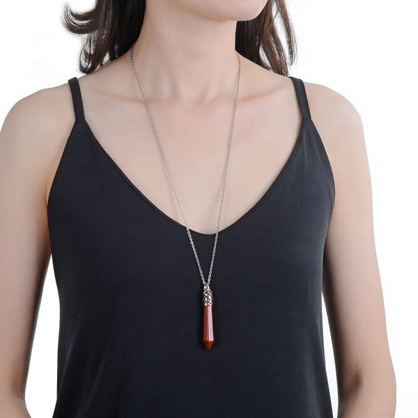 1pc Natural Red Jasper Hexagonal Pile Gemstone Pendant Necklace, 26 Inch Surgical Stainless Steel Chain, GGP-BB7
