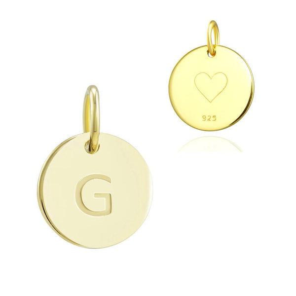1pc 925 Sterling Silver 12mm Letter G Charm, Real 18K Yellow Gold Plated, Heart Engraved, Name Initial Disc Coin Pendant Drop, SLP-G7