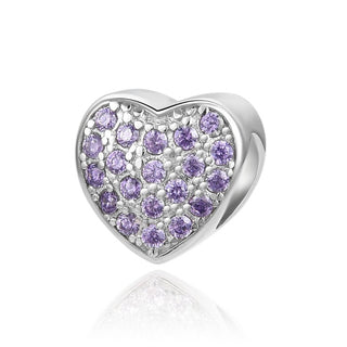 1pc 925 Sterling Silver Love Heart February Birthstone Bead Charm, Purple Amethyst Cubic Zirconia CZ, 10mm, Hole ID 4.5mm, EC1-L2