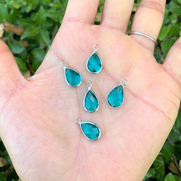 10pcs Grade A December Blue Zircon Teardrop Birthstone Charm Drop, Sterling Silver Plated Brass, Size Selections: 11x7mm, 14x8mm, 16x9mm