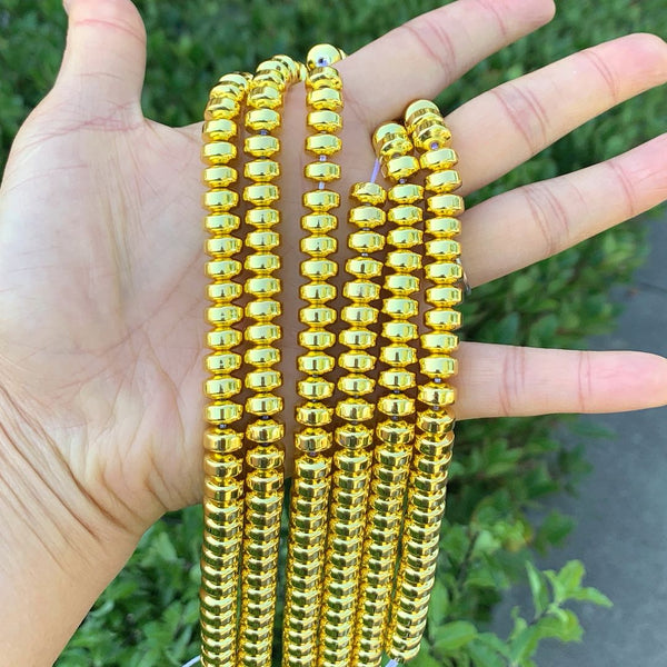 Grade A Natural Hematite Gemstone Rondelle Beads, Gold Plated, 1 Strand/15 Inch, 8x6mm, Hole ID 1mm, GFC9-3