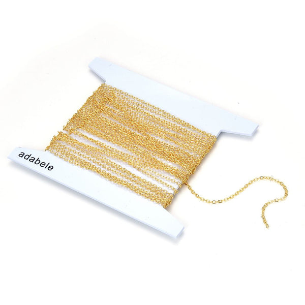 16.5 Feet Tarnish Resistant Diamond Cut Flat Cable Chain Link, 18K Yellow Gold Plated Brass, Size Selections: 1.3mm/1.5mm/2.5mm