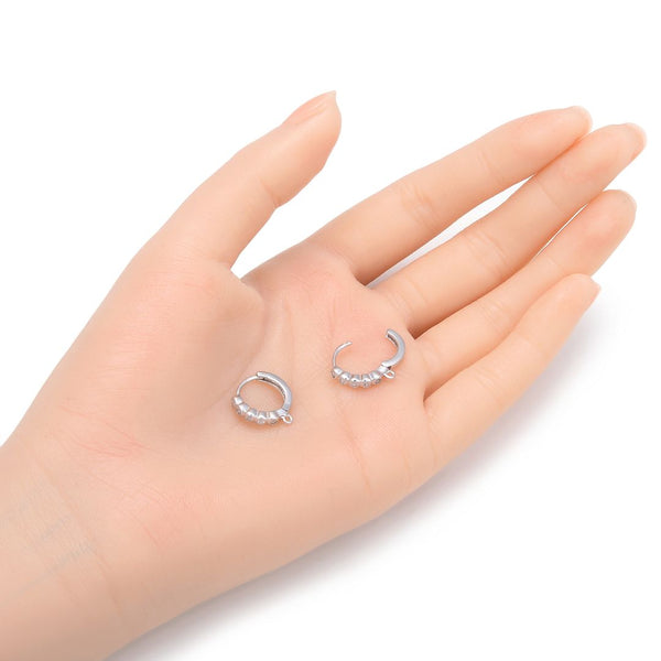 4pcs 925 Sterling Silver Fancy Round Hoop Huggie Earring Hooks, 5 Cubic Zirconia CZ, Tarnish Resistant Rhodium Plated, 14mm, SS484