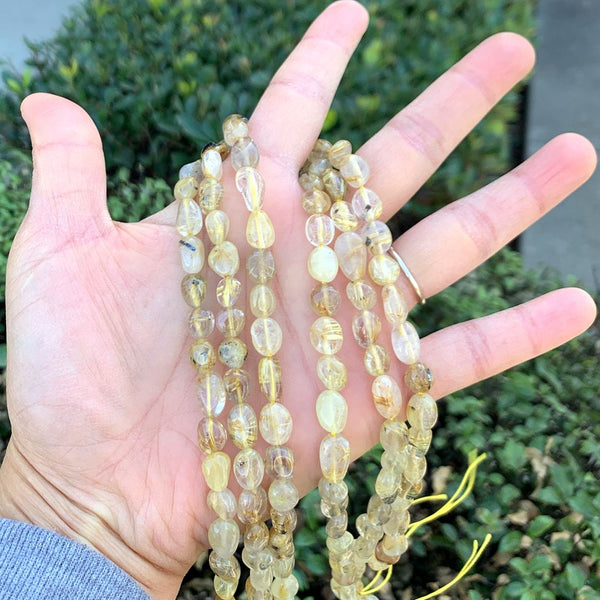 Natural Gold Rutilated Quartz Gemstone Oval Tumbled Pebble Beads, Irregular, 8mm to 10mm, Hole ID 1mm, 15 Inch/1 Strand, GZ12-39