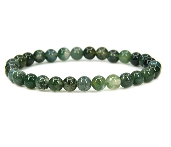 1 Strand Stretch Natural Moss Agate Beaded Gemstone Bracelet, 6mm Beads, Length Selections: 7 inch/7.5 inch/8 inch