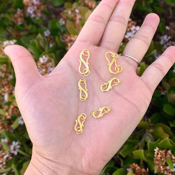 5pcs 925 Sterling Silver S Hook Clasps, with Closed Rings, Real 18K Yellow Gold Plated, Size Selections: 12.8mm/15.7mm/19.8mm