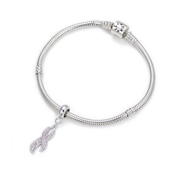 1pc Real 925 Sterling Silver Pink Ribbon Hope Courage Bead Charm Pendant Cubic Zirconia CZ, Compatible with Pandora All Other Charm Bracelet,EC24-D1