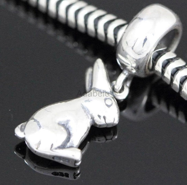 1pc Cute Real Solid Sterling Silver Rabbit Charm Easter Bunny Bead, Compatible with Pandora All Other Charm Bracelets, EC594