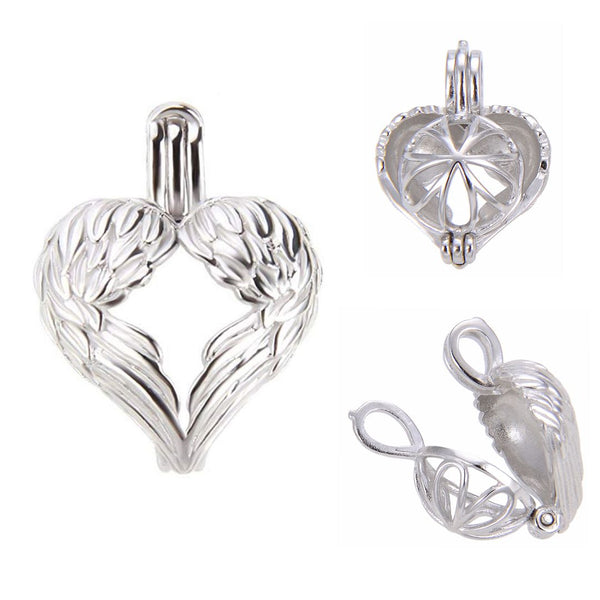 1pc 925 Sterling Silver Angel Wings Heart Bead Cage, Tarnish Resistant, Used for 6 - 8mm Bead Pearl Stone Pendant, SS391