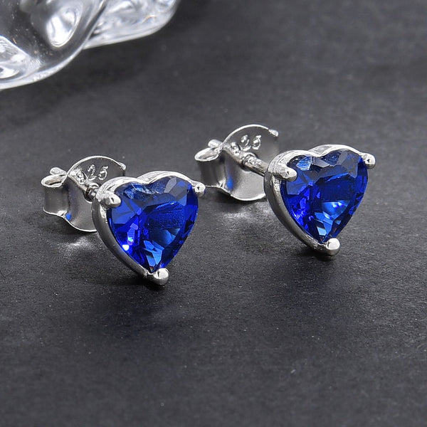 1 Pair 925 Sterling Silver September Love Heart Birthstone Stud Earrings, 6mm/0.84 Carat Cubic Zirconia CZ Blue Sapphire Stone, SSE79-9