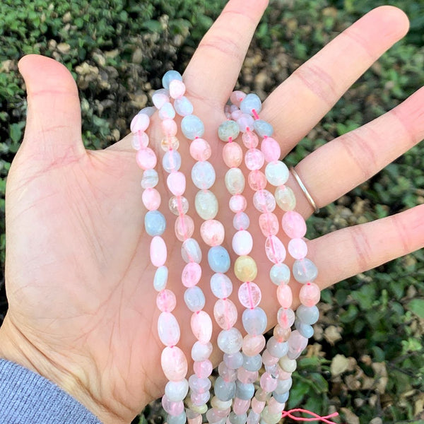 Natural Morganite Gemstone Oval Tumbled Pebble Beads, Irregular, 6mm to 8mm, Hole ID 1mm, 15 Inch/1 Strand, GZ11-43