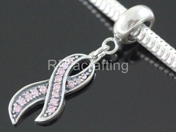 1pc Real 925 Sterling Silver Pink Ribbon Hope Courage Bead Charm Pendant Cubic Zirconia CZ, Compatible with Pandora All Other Charm Bracelet,EC24-D1