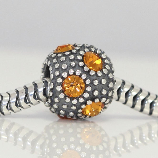 1pc 925 Sterling Silver November Birthstone Bead Charm, Yellow Topaz Cubic Zirconia CZ, 10.3x9mm, Hole ID 4.5mm, EC1-M11