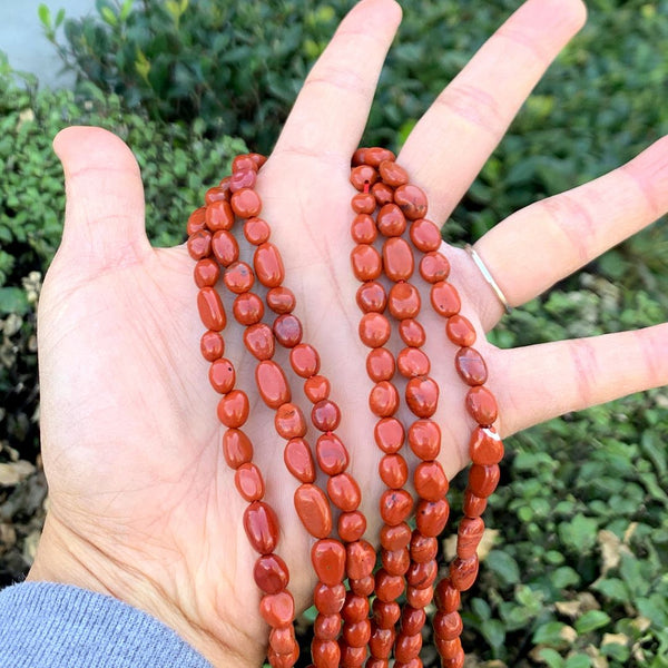 Natural Red Jasper Gemstone Oval Tumbled Pebble Beads, Irregular, 6mm to 8mm, Hole ID 1mm, 15 Inch/1 Strand, GZ11-60