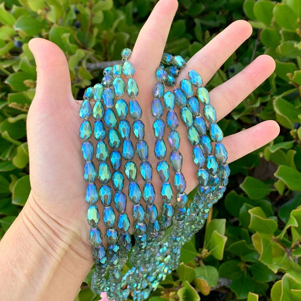 120pcs Creative Club Faceted Teardrop Crystal Glass Beads, Center Drilled, Peridot Shimmer, 12x8mm, Hole ID 1mm, CCT-1236