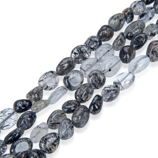 Natural Grade A Black Quartz Rutilated Gemstone Oval Tumbled Pebble Beads, Irregular, 7mm to 9mm, Hole ID 1mm, 15 Inch/1 Strand, GZ12-9