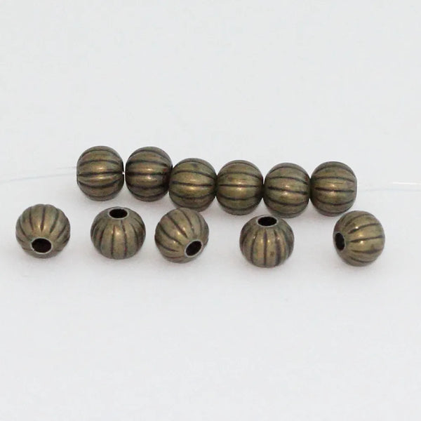 100pcs Corrugated Pumpkin Round Beads, Antique Bronze Plated, Tarnish Resistant, Size Selections: 6mm/8mm