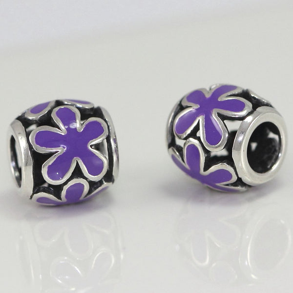 1pc Real 925 Sterling Silver Purple Enamel Flower Bead Charm, Compatible with Pandora All Other Charm Bracelet, EC6-B5