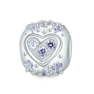 1pc 925 Sterling Silver Round Heart Pattern June Birthstone Bead Charm, Light Purple Alexandrite Cubic Zirconia CZ, 11x9mm, Hole ID 4.5mm, EC1-H6