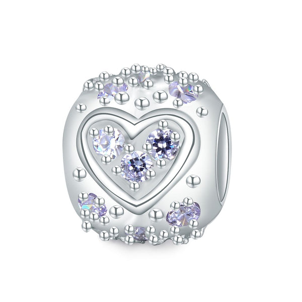 1pc 925 Sterling Silver Round Heart Pattern June Birthstone Bead Charm, Light Purple Alexandrite Cubic Zirconia CZ, 11x9mm, Hole ID 4.5mm, EC1-H6