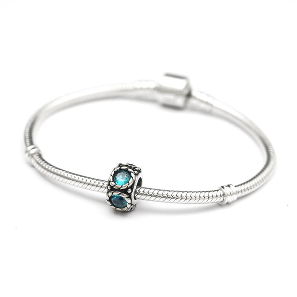 1pc Real 925 Sterling Silver December Birthstone Flower Round Charm Bead, Cubic Zirconia CZ Blue Zircon Gemstone, Compatible with Pandora all Other Charm Bracelets, EC1-N12