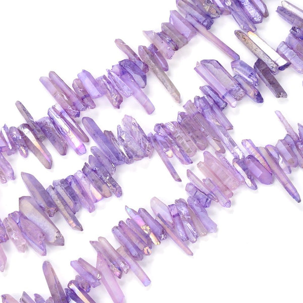 1 Strand Natural Raw Crystal Quartz Gemstone Beads, Small Drilled Stone Points, Violet Tanzanite AB Titanium Coated Stone Stick, 15 Inch, GA9