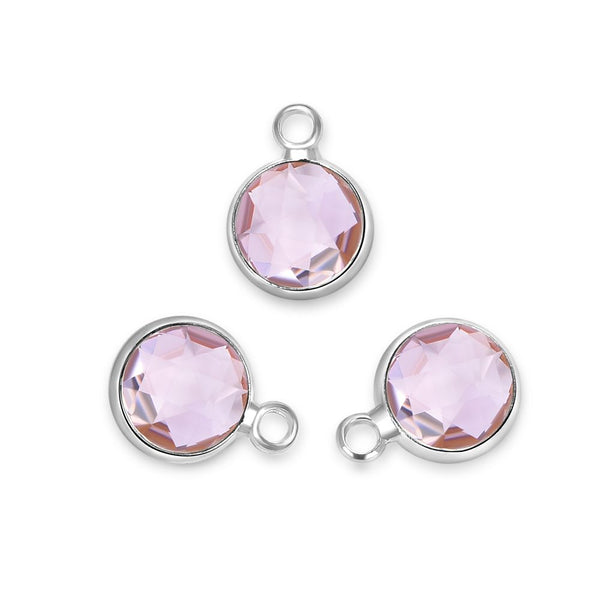 10pcs Grade A October Pink Birthstone Charm Drop, Sterling Silver Plated Brass, Size Selections: 6mm/8mm/10mm