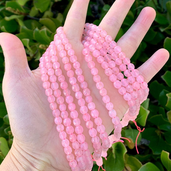 Natural Pink Rose Jade Gemstone Faceted Round Beads, 6mm, Hole ID 0.9mm, 2 Strands/28 Inch Total, GH-E23
