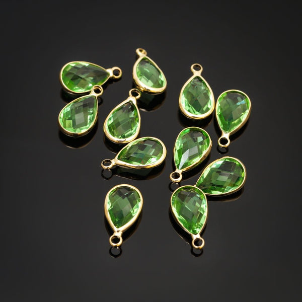 10pcs Grade A August Peridot Green Teardrop Birthstone Charm Drop, 18K Yellow Gold Plated Brass, Size Selections: 11x7mm, 14x8mm, 16x9mm