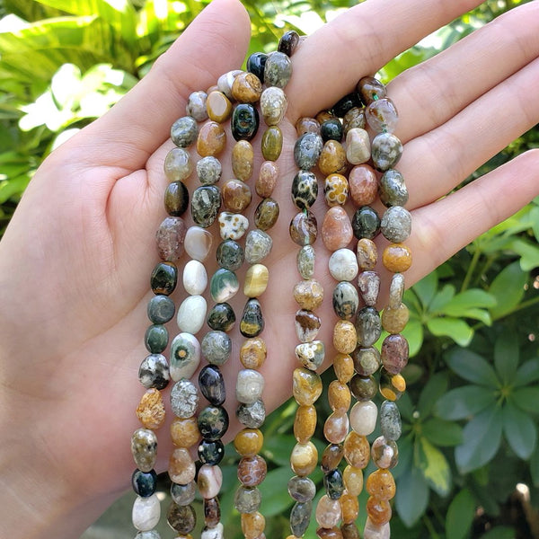 Natural Ocean Jasper Gemstone Oval Tumbled Pebble Beads, Irregular, 6mm to 8mm, Hole ID 1mm, 15 Inch/1 Strand, GZ11-41