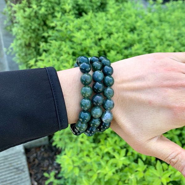 1 Strand Stretch Natural Moss Agate Beaded Gemstone Bracelet, 10mm Bead, Length Selections: 7 inch/7.5 inch/8 inch/8.5 inch