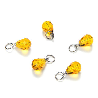 5pcs November Birthstone Charm Drops, 10mm Topaz Yellow Austrian Teardrop Crystal Beads, Sterling Silver Plated Open Jump Rings, BR6-11