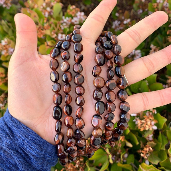 Natural Red Tiger Eye Gemstone Oval Tumbled Pebble Beads, Irregular, 8mm to 10mm, Hole ID 1mm, 15 Inch/1 Strand, GZ12-59