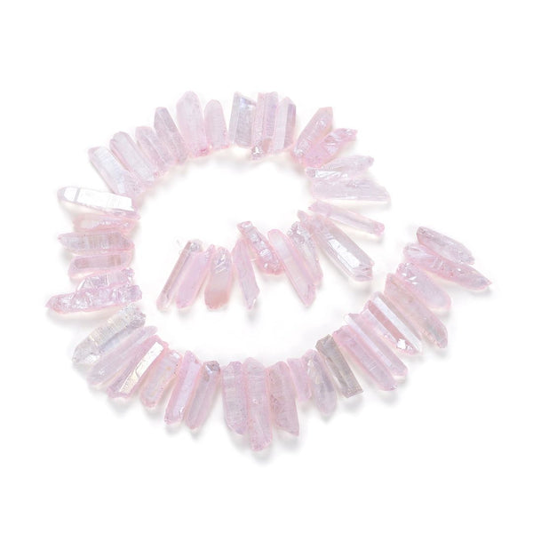 1 Strand Natural Raw Crystal Quartz Gemstone Beads, Medium Size Drilled Stone Points, Rose Pink AB Titanium Coated Gem Stick, 15 Inch, GA-D8