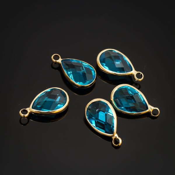 10pcs Grade A March Aquamarine Blue Teardrop Birthstone Charm Drop, 18K Yellow Gold Plated Brass, Size Selections: 11x7mm, 14x8mm, 16x9mm