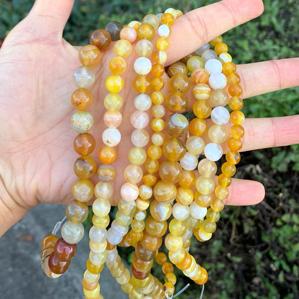 AAA Natural Banded Yellow Agate Gemstone Round Beads, 15 Inch/1 Strand, Size Selections: 4mm/6mm/8mm/10mm