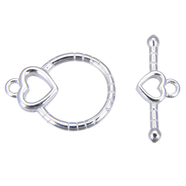 2 Sets 925 Sterling Silver Toggle Clasps, Double Hearts T-Bar Jewelry Closure, 16mm, SS376