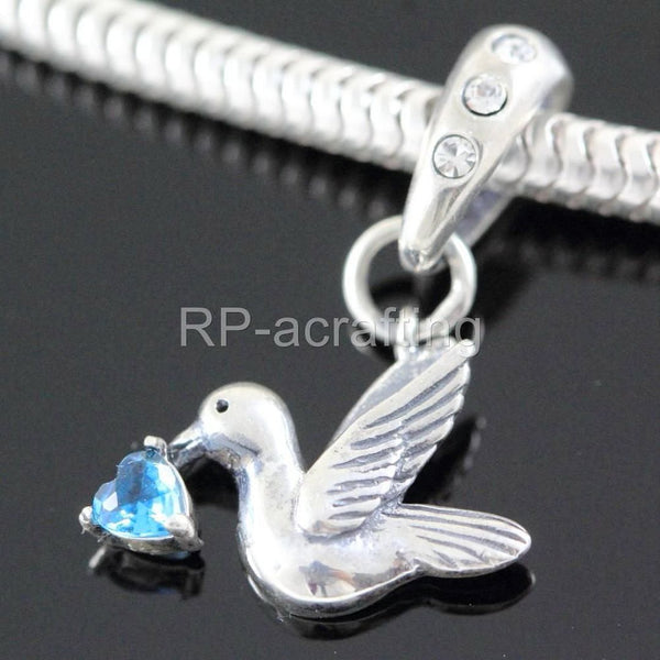1pc 925 Sterling Silver Bird Charm, Freedom Lover December Birthstone Charm Drop, Blue Zircon Cubic Zirconia CZ, 20mm Long, Hole ID 4.5mm, EC1-D12