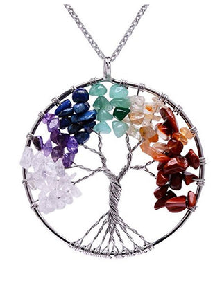 1pc Tree of Life Prosperity Necklace, Natural Seven Chakra Stone Gemstone Pendant, 26 inch Surgical Stainless Steel Chain, GGP9-2