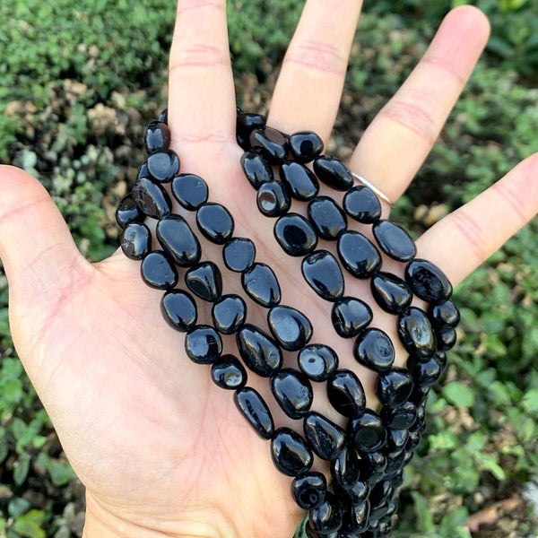 Natural Black Tourmaline Gemstone Oval Tumbled Pebble Beads, Irregular, 5mm to 9mm, Hole ID 1mm, 15 Inch/1 Strand, GZ12-46
