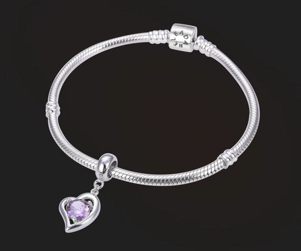 1pc 925 Sterling Silver Love Heart February Birthstone Charm Drop, Purple Amethyst Cubic Zirconia CZ, 26mm (1 inch) Long, Hole ID 4.5mm, EC1-E2