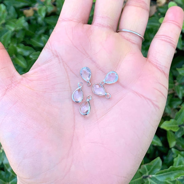 10pcs Grade A April Crystal Clear Teardrop Birthstone Charm Drop, Sterling Silver Plated Brass, Size Selections: 11x7mm, 14x8mm, 16x9mm