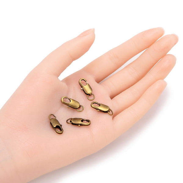 20pcs Rectangle Lobster Claw Clasp, Open Jump Ring, Antique Bronze Plated Brass, Size Selections: 12mm/14mm/17mm