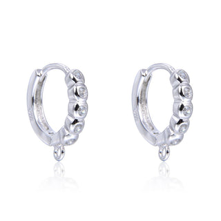 4pcs 925 Sterling Silver Fancy Round Hoop Huggie Earring Hooks, 5 Cubic Zirconia CZ, Tarnish Resistant Rhodium Plated, 14mm, SS484