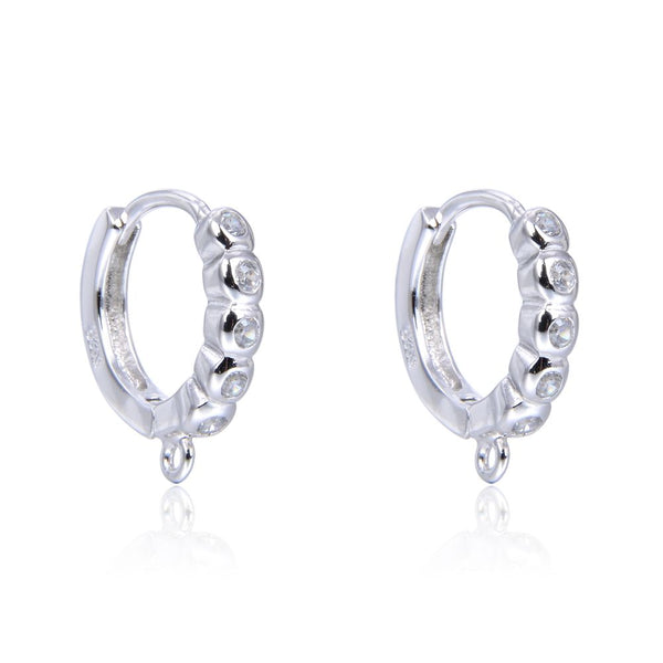 4pcs 925 Sterling Silver Fancy Round Hoop Huggie Earring Hooks, 5 Cubic Zirconia CZ, Tarnish Resistant Rhodium Plated, 14mm, SS484