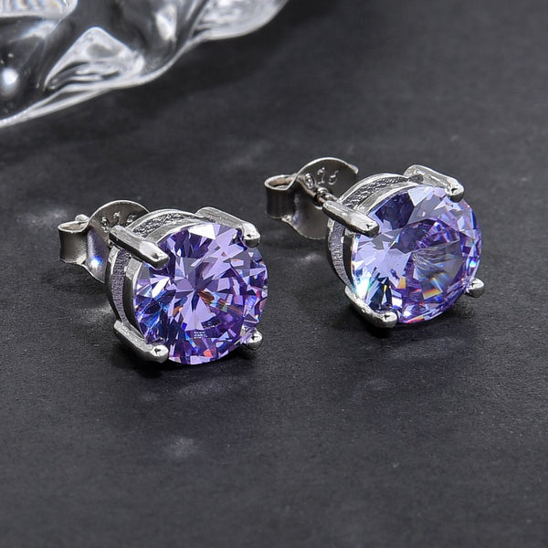 1 Pair 925 Sterling Silver June Birthstone Round Cut Stud Earrings, 8mm/2 Carat Cubic Zirconia CZ Alexandrite Stone, SSE49-6