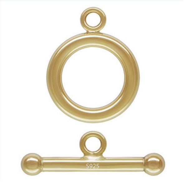 2 Sets 925 Sterling Silver Round Toggle Clasps, Real 18K Yellow Gold Plated, Size Selections: 10mm/12mm/15mm