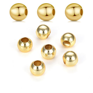 50pcs Tarnish Resistant Large Hole Round Beads, 18K Yellow Gold Plated Brass, Size Selections: 6mm/8mm/10mm